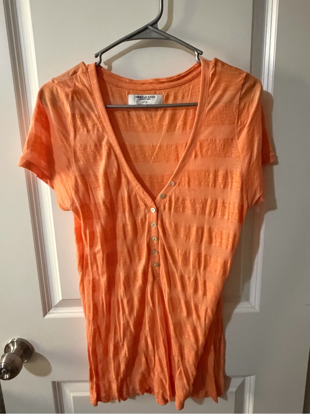 American Eagle Outfitters Orange Striped V-Neck Button Top